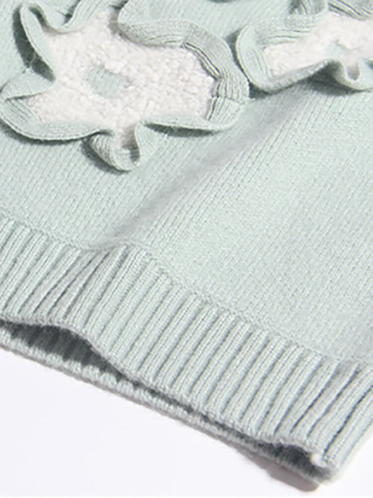 Soft Mint Green Cashmere Sweater with 3D Fleece Flowers